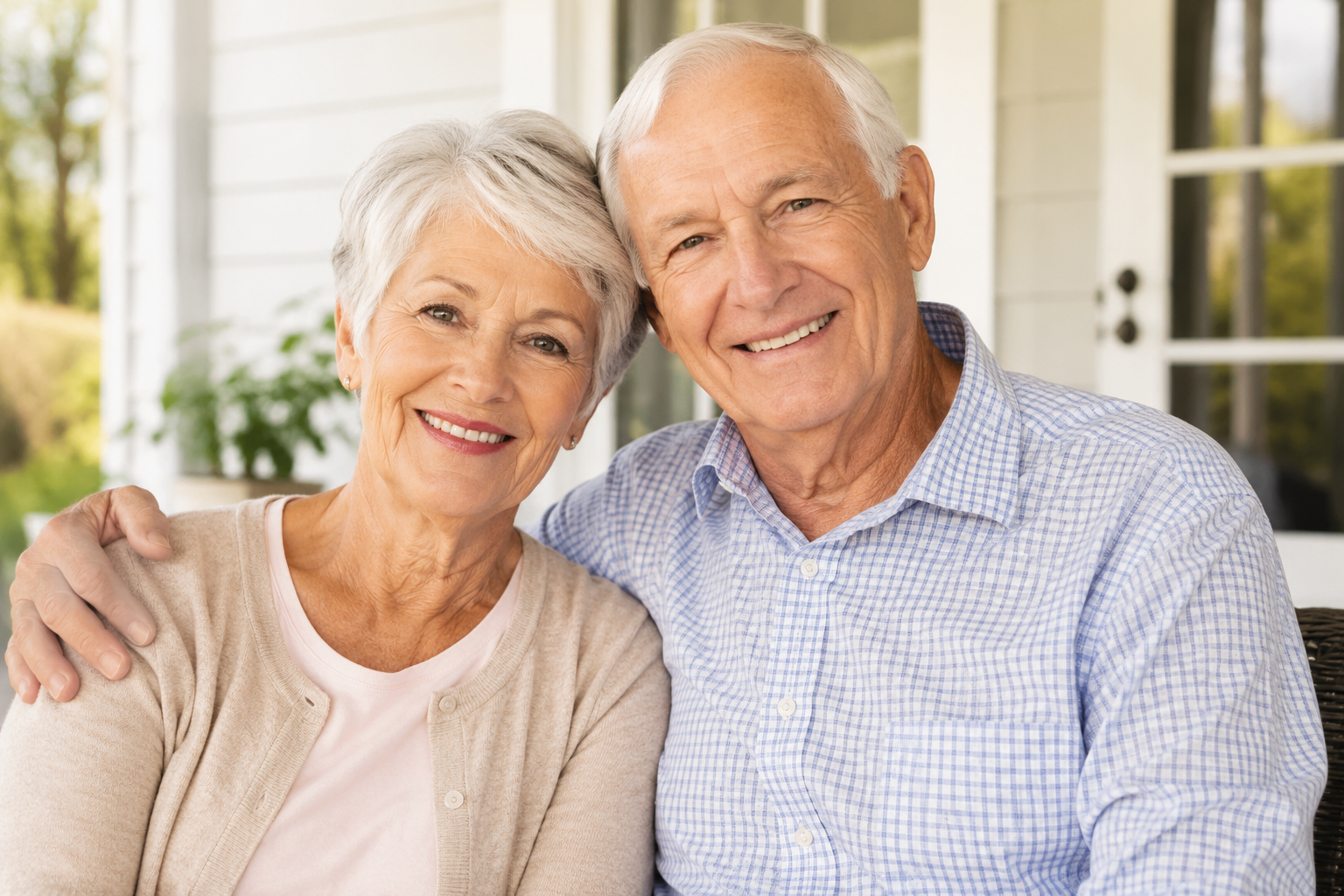 A happy senior couple sitting together on their porch at sunset